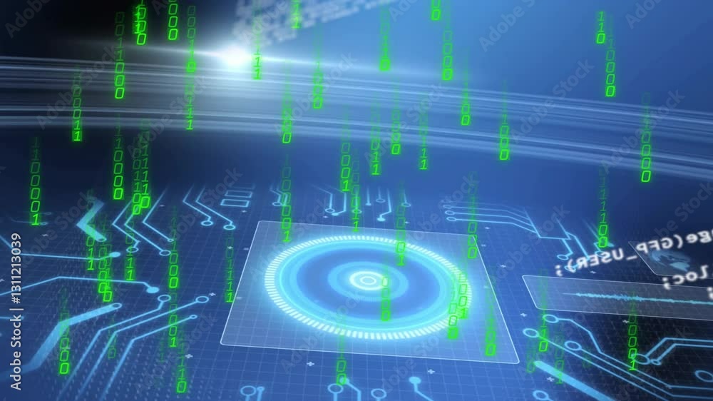 Animation of green binary code falling over digital interface with blue graphics Animation of green binary code falling over digital interface with blue graphics