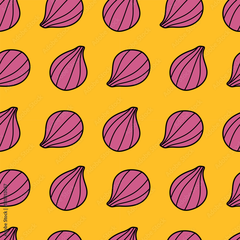 Figs seamless pattern. Pink figs on a yellow background. Bright vector summer illustration for fabric, background, cover, paper, packaging Figs seamless pattern. Pink figs on a yellow background. Bright vector summer illustration for fabric, background, cover, paper, packaging