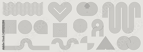 Minimalist geometric patterns - concentric circles, squares, heart, waves, arches. Line art elements for graphic design, branding, decor. Mid century aesthetic curved shapes. Modern monochrome motifs.
