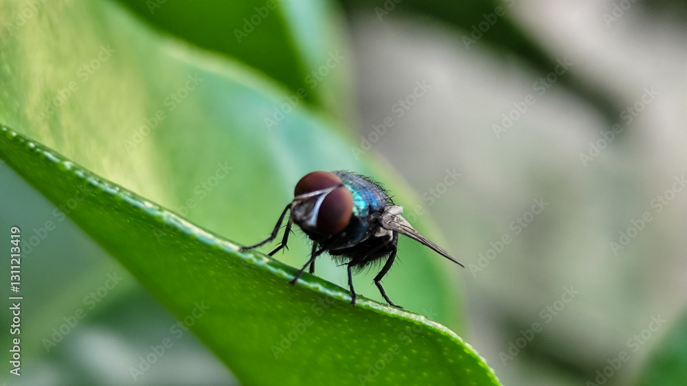 Flying insects with red eyes and thin wings land on green leaves. This type is often seen flying in kitchens and trash. Flying insects with red eyes and thin wings land on green leaves. This type is often seen flying in kitchens and trash.