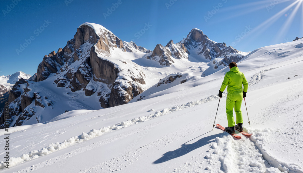 Skiing enthusiast enjoying winter landscape in bright green gear Skiing enthusiast enjoying winter landscape in bright green gear