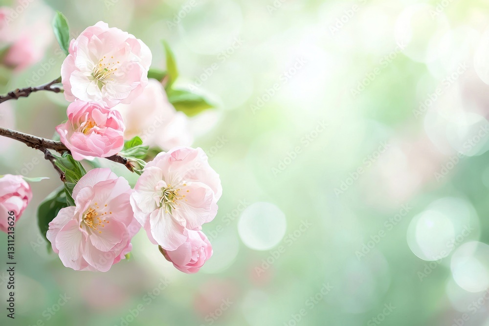 Delicate Pink Apple Blossom Flowers on a Soft Green Background Delicate Pink Apple Blossom Flowers on a Soft Green Background