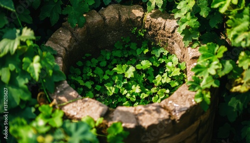 Stone Well with Lush Plants