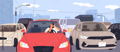 Traffic jam in city. Woman driver waiting, stuck in heavy congestion in rush hour on busy urban road. Many cars in commute problem in metropolitan street with slow movement. Flat vector illustration