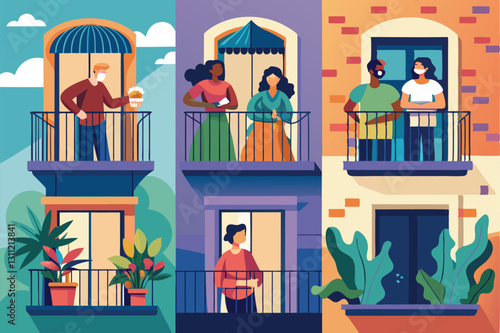 Residents engage on balconies, sharing moments and staying connected during the coronavirus pandemic, People on balconies or windows during coronavirus Customizable Flat Illustration