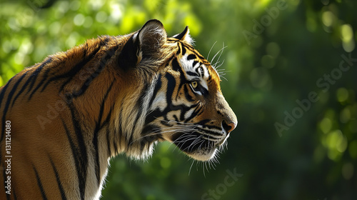 Side profile of powerful tiger with sharp whiskers in lush greenery