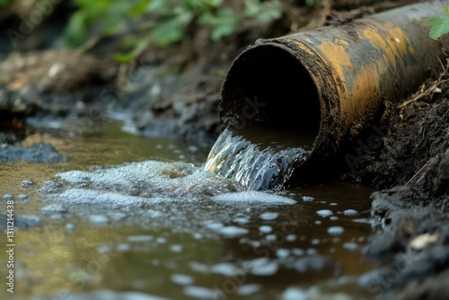 A high-resolution photo of murky wastewater spilling out of a corroded sewage pipe into a natural body of water.