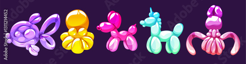 Balloon animal shapes vector set - shiny cartoon illustrations with fish and dog, horse and octopus, jellyfish of vibrant colors. Cute inflatable toy for party decorations, kids entertainment designs.