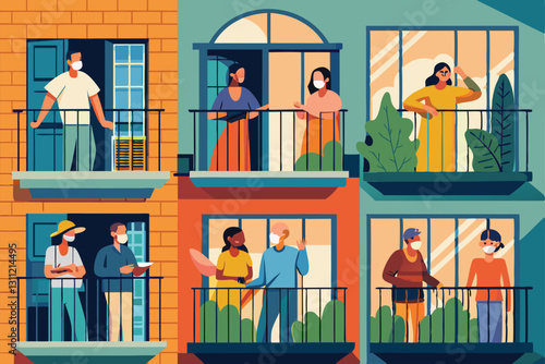 Individuals participate in social activities on balconies during the pandemic, showcasing community spirit, People on balconies or windows during coronavirus Customizable Flat Illustration