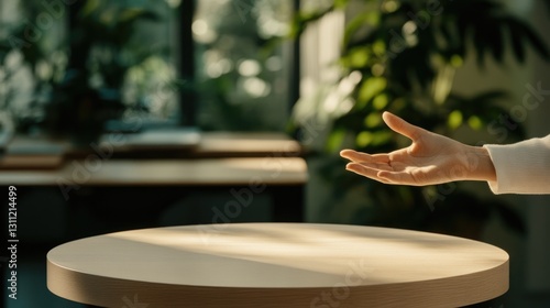 Hand reaching towards simplistic round table, bathed in soft nat