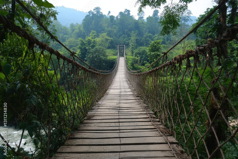 Rope suspension bridge leading through lush green forest Rope suspension bridge leading through lush green forest