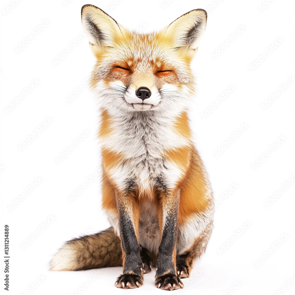 Smiling fox isolated on white background, looking content Smiling fox isolated on white background, looking content