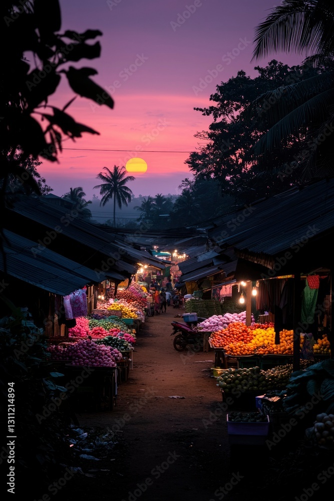 Naklejka premium Sunrise Over Vibrant Market Stalls at Dusk