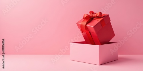 Open red gift box hovers above plain box, pastel pink backdrop, red, commerce