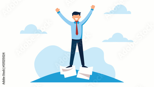 Triumphant Clerk A joyous individual wearing a casual shirt and slacks stands atop a cascading hill of paperwork that spills over like a waterfall. They are raising their arms