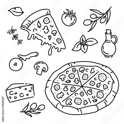 Hand drawn pizza doodle, slice of pizza and italian pizza ingredients