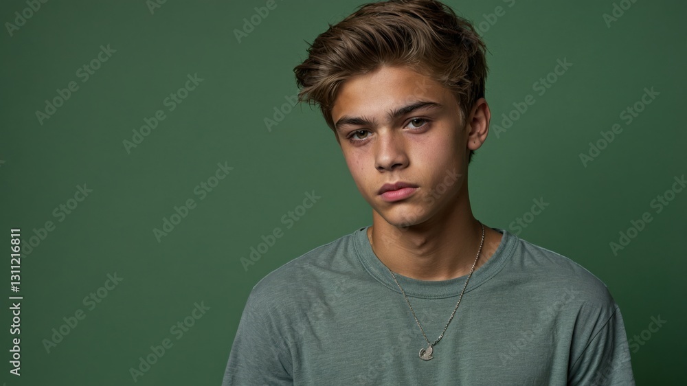 Pensive young man looking at the camera with neutral expression against a solid dark green background. Pensive young man looking at the camera with neutral expression against a solid dark green background.