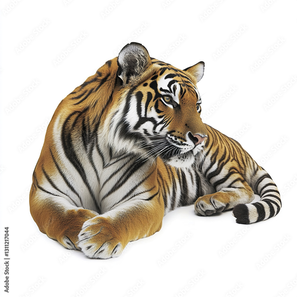 Obraz premium Tiger resting on white background, showcasing its majestic stripes