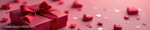 Luxury chocolate box with ribbon, hearts scattered, decadent, heart