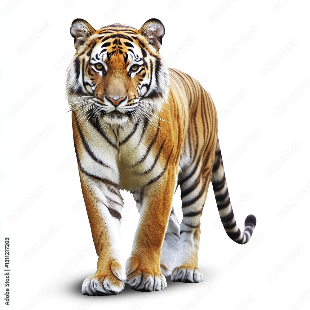 Tiger isolated on white background, showcasing its majestic stance Tiger isolated on white background, showcasing its majestic stance