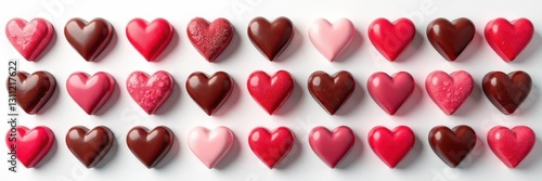 Rows of heart-shaped chocolates, various flavors, white background , love, pattern, white