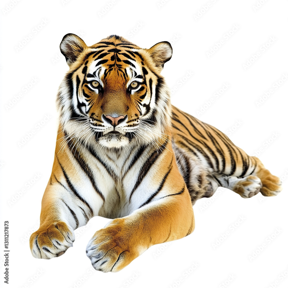 Obraz premium Tiger lying on white background, showcasing its majestic stripes