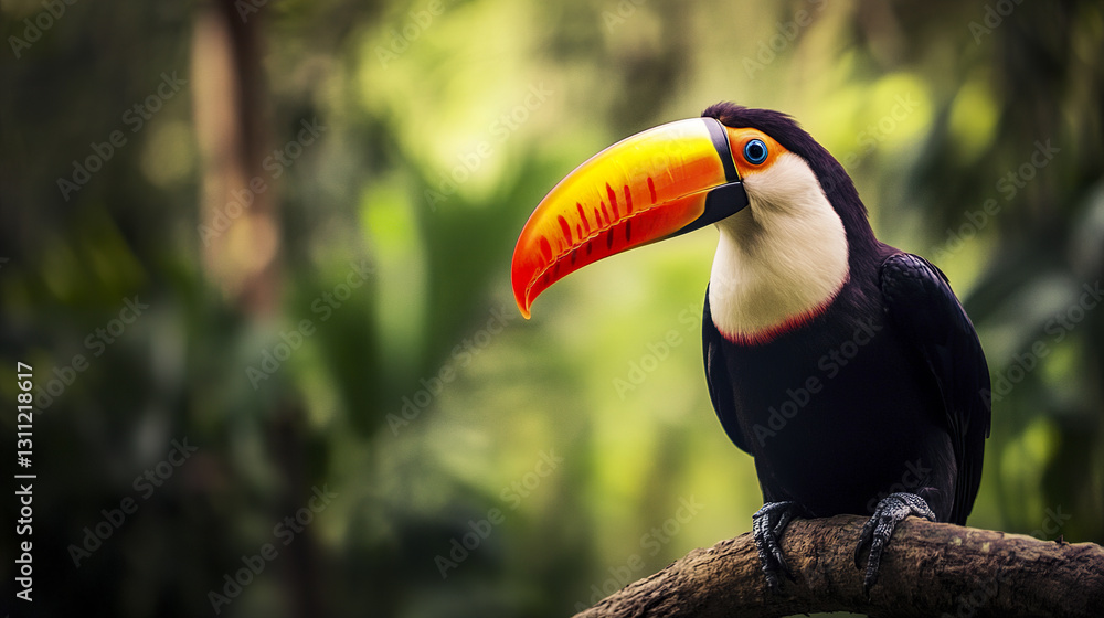 Fototapeta premium Toucan with vivid beak resting on branch in lush forest