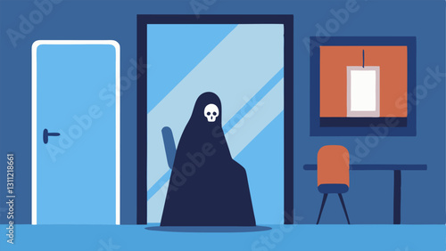 Waiting Room Perspective From the perspective of an outside observer the Grim Reaper can be seen peering through a glass panel of the office door with a slight frown on his face.