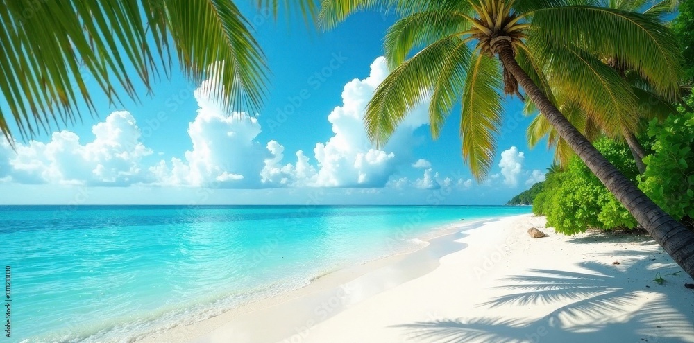 White sand, turquoise water, palm trees swaying gently in breeze, getaway, idyllic, getaway White sand, turquoise water, palm trees swaying gently in breeze, getaway, idyllic, getaway