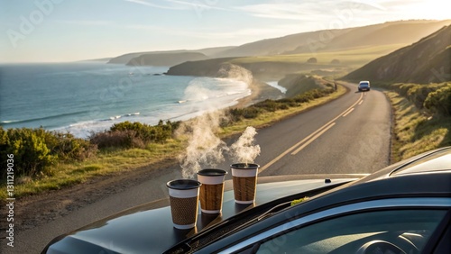 Steaming hot drinks on a car hood overlooking a scenic coastal road