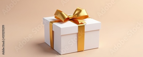 Elegant white gift box with golden ribbon bow, isolated , commercial, template, element