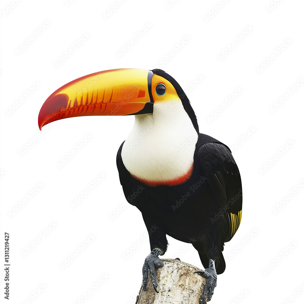 Naklejka premium Toucan perched on branch with vibrant beak isolated on white