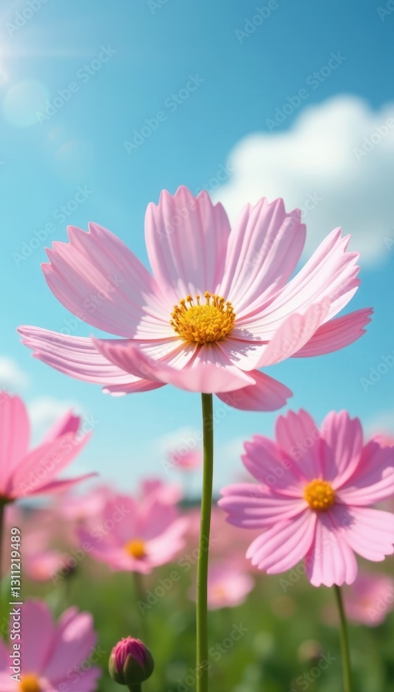 Fluffy pink and white cosmos petals sway gently in a clear summer sky , blossom, floral, botany Fluffy pink and white cosmos petals sway gently in a clear summer sky , blossom, floral, botany