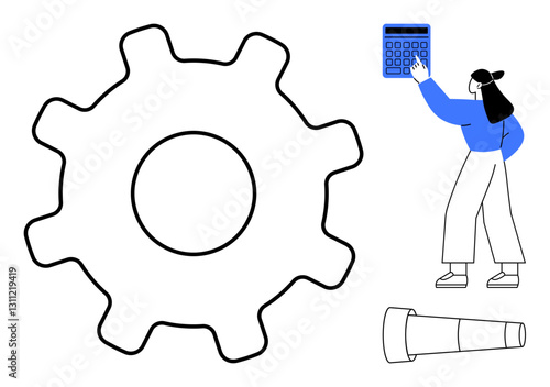 Woman interacting with calculator, giant gear symbolizing process and telescope indicating vision. Ideal for strategy, mechanics, technology, planning, precision, analysis vision. Flat simple