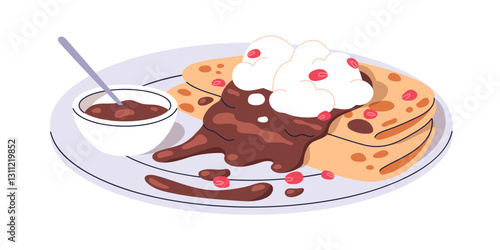 Crepes with chocolate syrup and whipped cream. Thin pancakes served on plate with sweet toppings. Breakfast food, dessert. Delicious pan cakes. Flat vector illustration isolated on white background