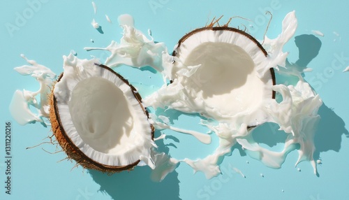 Coconut halves, milk splash, light blue photo