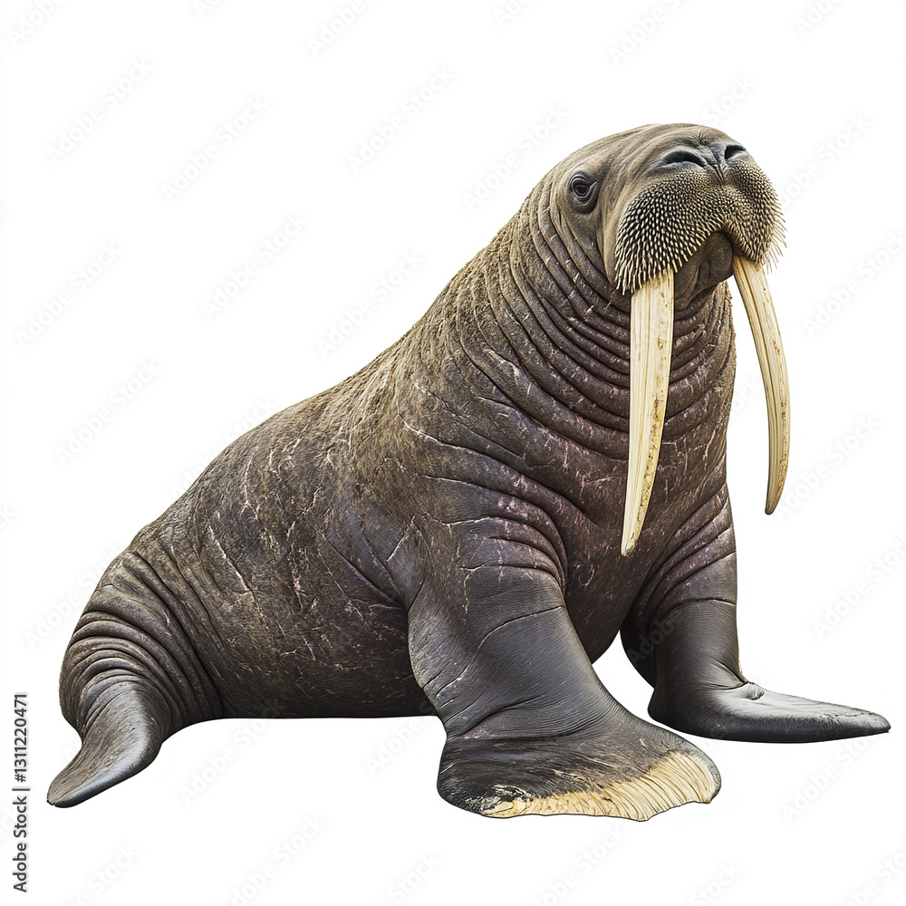 Fototapeta premium Walrus isolated on white background, showcasing its tusks and whiskers