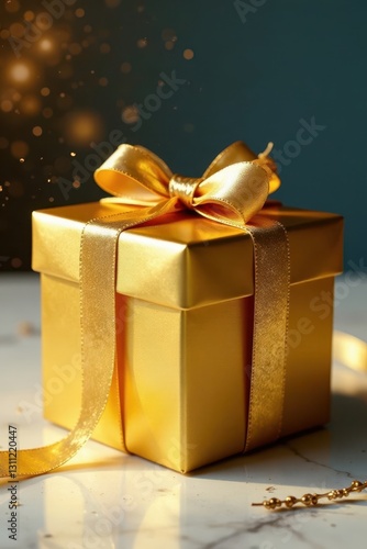 Luxury golden gift box with a shimmering ribbon , wrapping, celebration