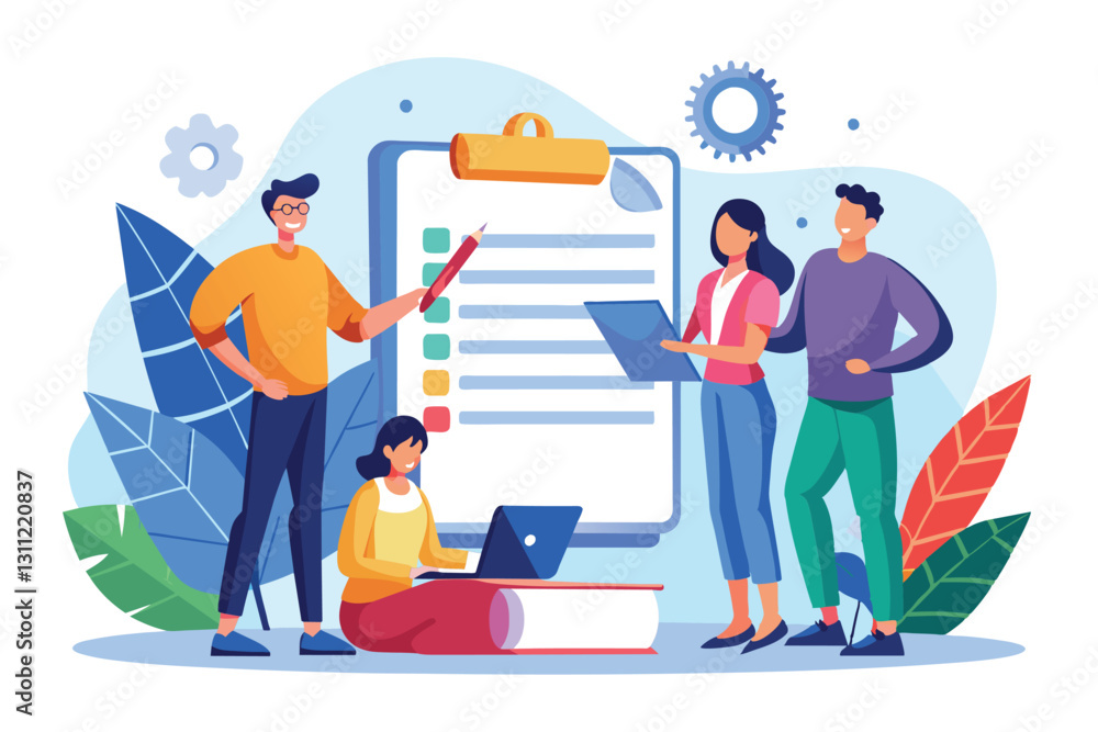 A group of individuals discusses and reads a contract near a laptop in a bright, modern setting, people read the contract agreement A group of individuals discusses and reads a contract near a laptop in a bright, modern setting, people read the contract agreement