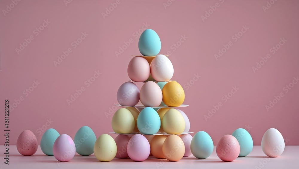 Pyramid of Easter eggs on a pink background in a festive spring setting Pyramid of Easter eggs on a pink background in a festive spring setting