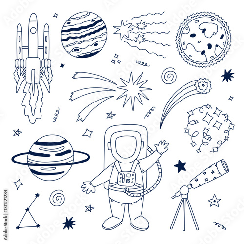 Cute black and white space and astronomy set with cosmonaut, rocket, telescope, the Sun, star dust, celestial bodies. Childish symbols of cosmos. Hand drawn doodle collection isolated on background.