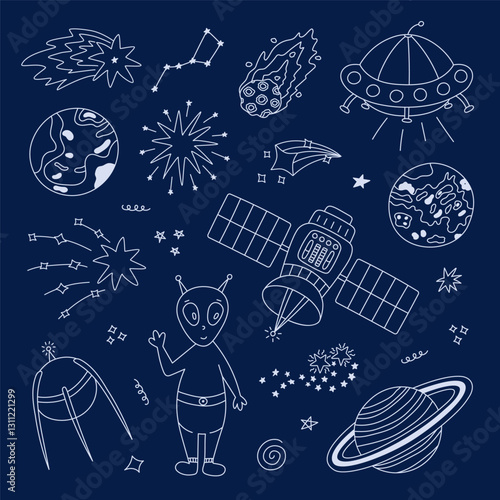Cute line space and astronomy set with friendly alien, flying saucer, satellite, planet Venus, Big Dipper. Childish symbols of galaxy. Hand drawn outline doodle collection isolated on background.