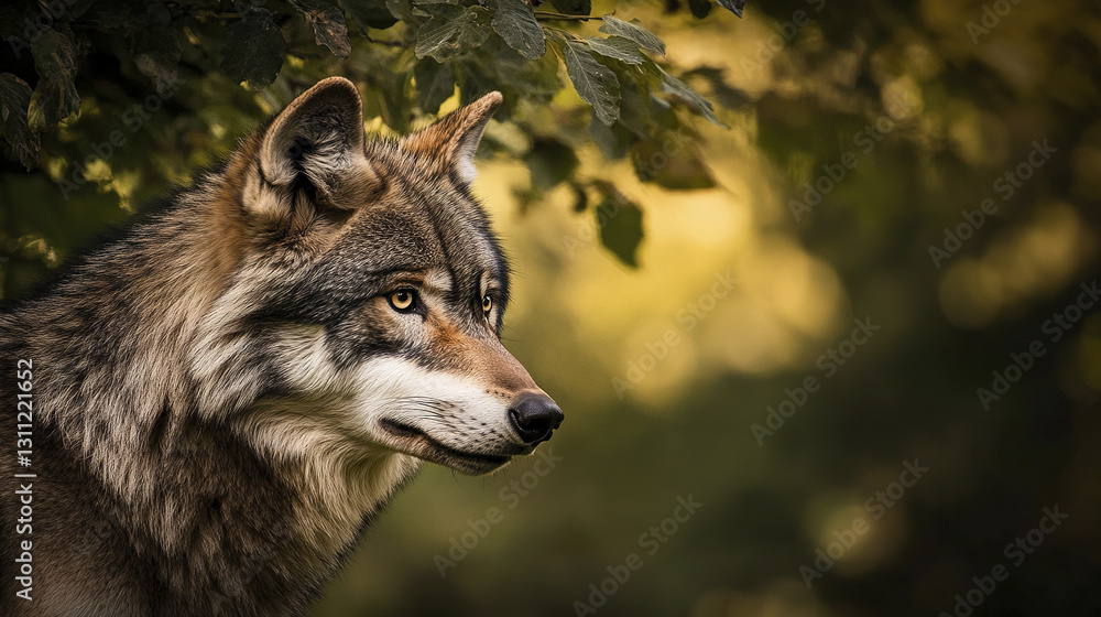 Fototapeta premium Wolf gazing into distance, poised and alert in forest setting
