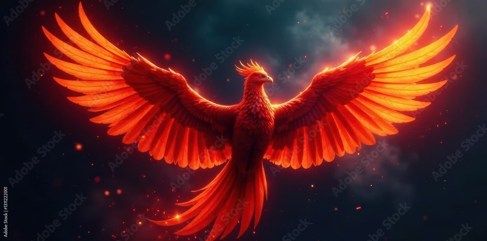 Fototapeta premium Crimson phoenix wings ablaze, dark night backdrop, black, glow, art