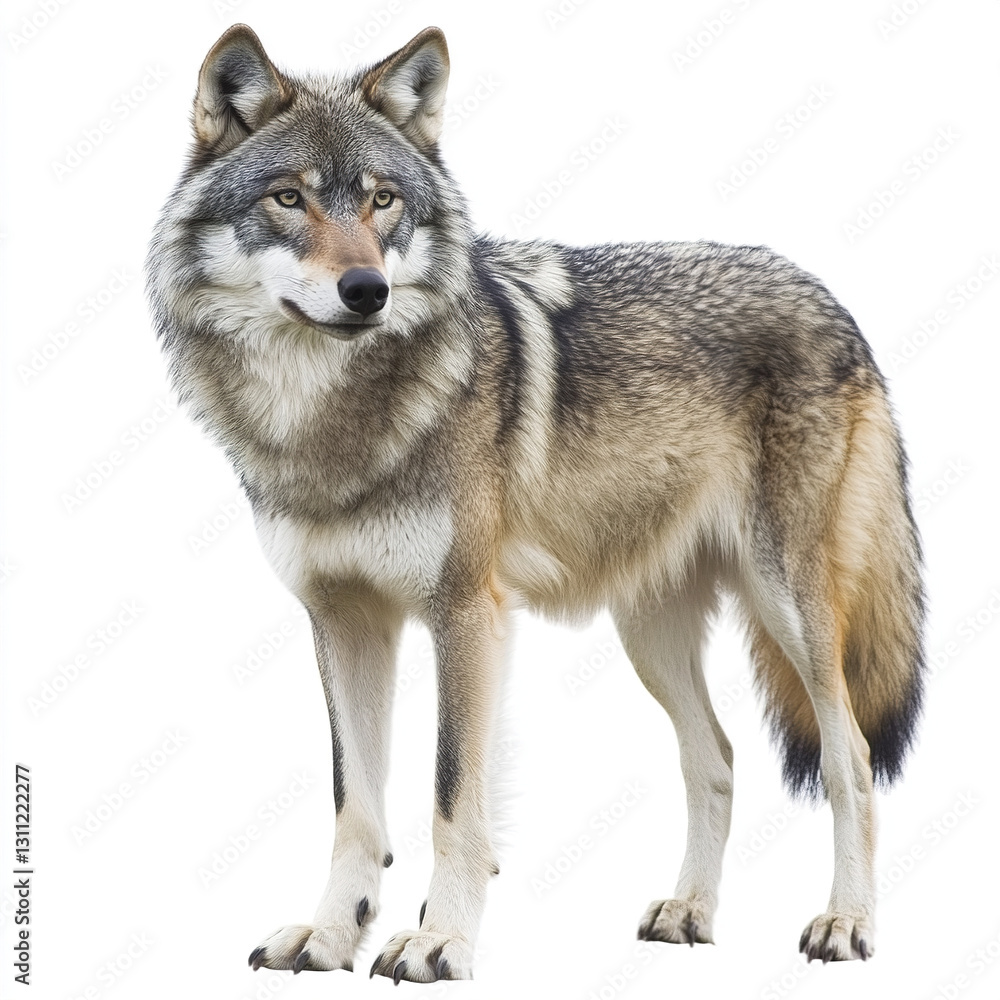 Wolf standing on white background, looking alert and majestic Wolf standing on white background, looking alert and majestic