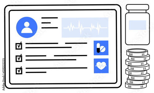 Electronic health record with user info, heartbeat graph, medication tracker, checklist, and stacked coins. Ideal for healthcare, telemedicine, insurance, health management cost analysis medical