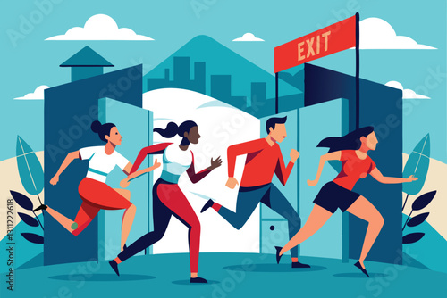 Individuals energetically sprint towards an exit banner against a lively urban setting with mountains, People running to exit, Poster or banner,