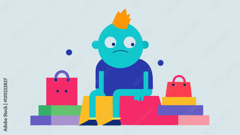 The Tote Pile A whimsical character sitting on a pile of colorful shopping bags looking overwhelmed but slightly amused as bags tumble over the sides. Around them smaller items The Tote Pile A whimsical character sitting on a pile of colorful shopping bags looking overwhelmed but slightly amused as bags tumble over the sides. Around them smaller items