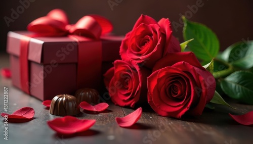Luxurious red roses next to elegant chocolate box, decadent, passion, close-up