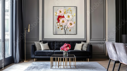 Industrial elegance living room, graphite walls, plush black boucle sofa, sculptural metal coffee table, floral painting with gold strokes, fabric wall